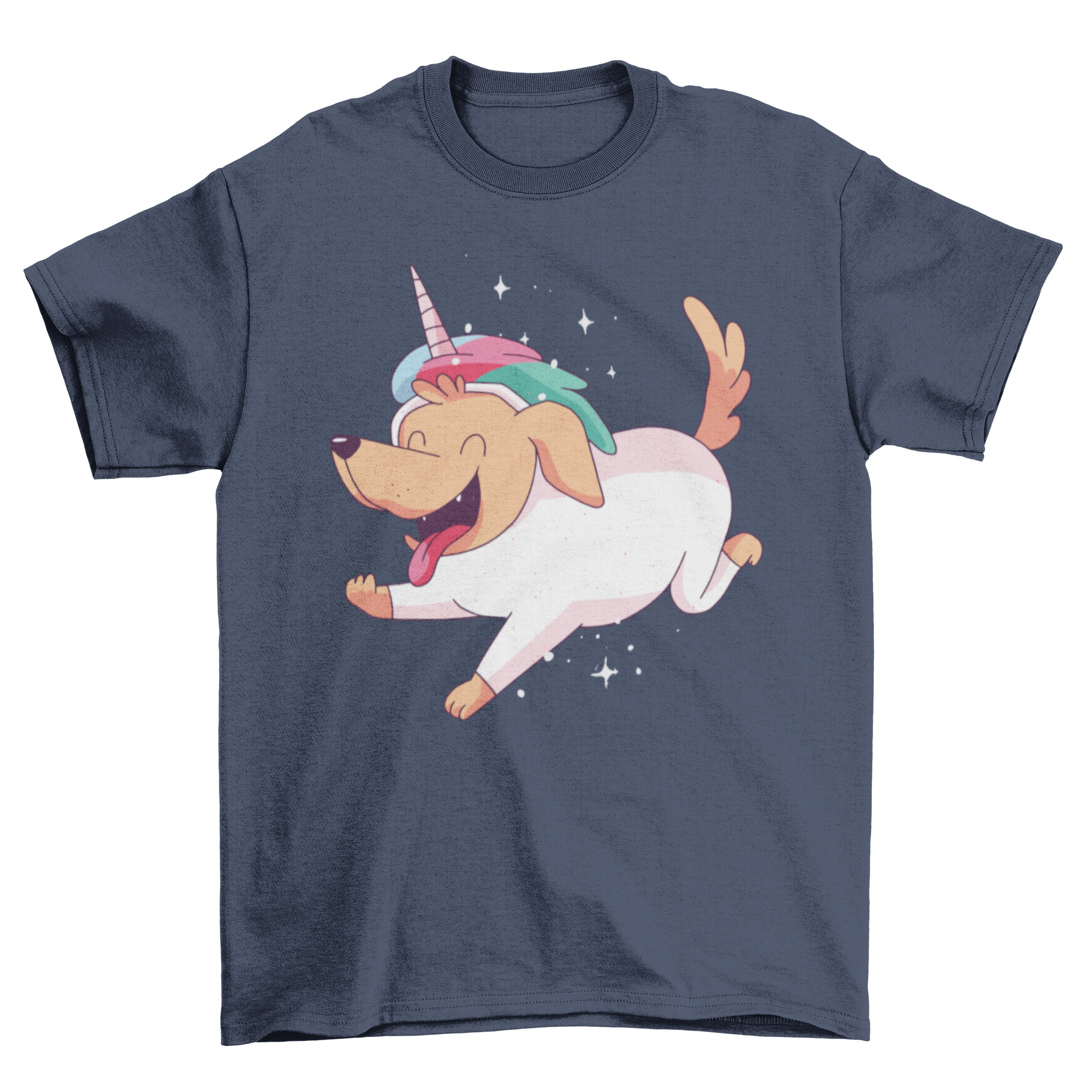 A cute puppy wearing a colorful unicorn dog t-shirt, showcasing a playful design with vibrant colors and a whimsical illustration.