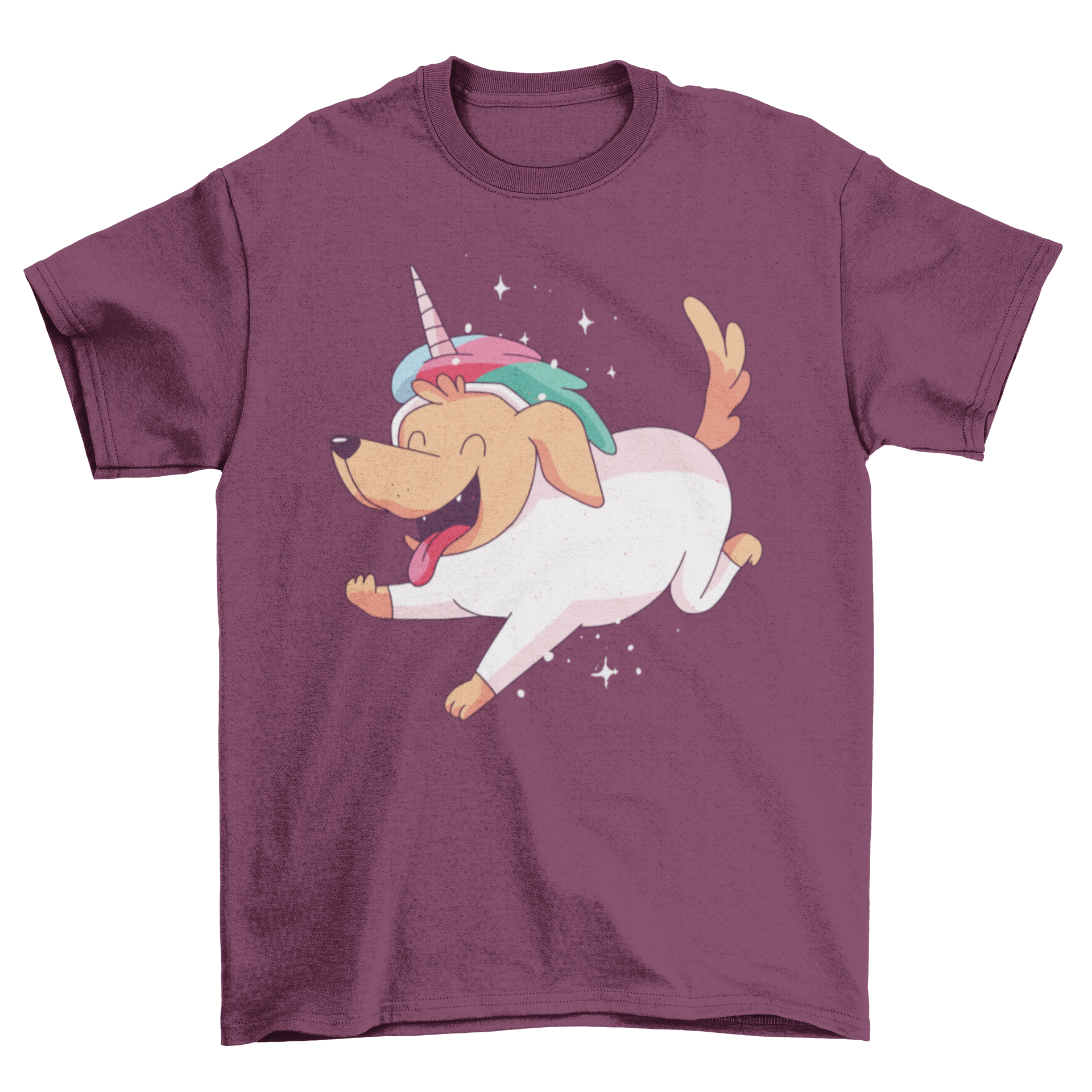 A cute puppy wearing a colorful unicorn dog t-shirt, showcasing a playful design with vibrant colors and a whimsical illustration.