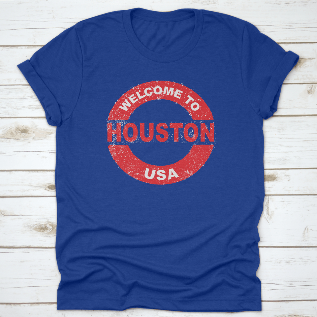 A Grunge Rubber Ink Red Stamp featuring the text 'Welcome To Houston USA', ideal for crafting and personalizing projects.