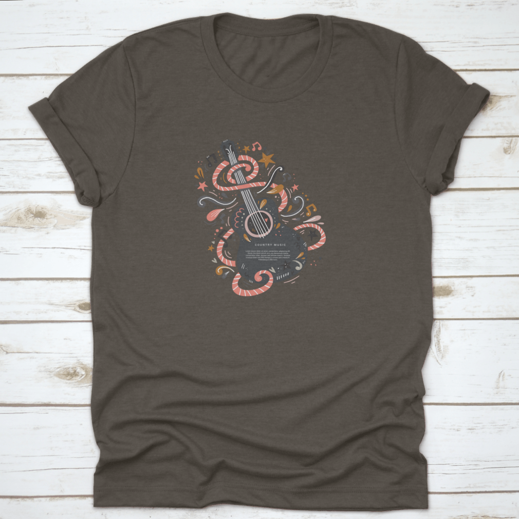 A stylish t-shirt featuring a guitar symbol, representing country music, made from 100% cotton for comfort.