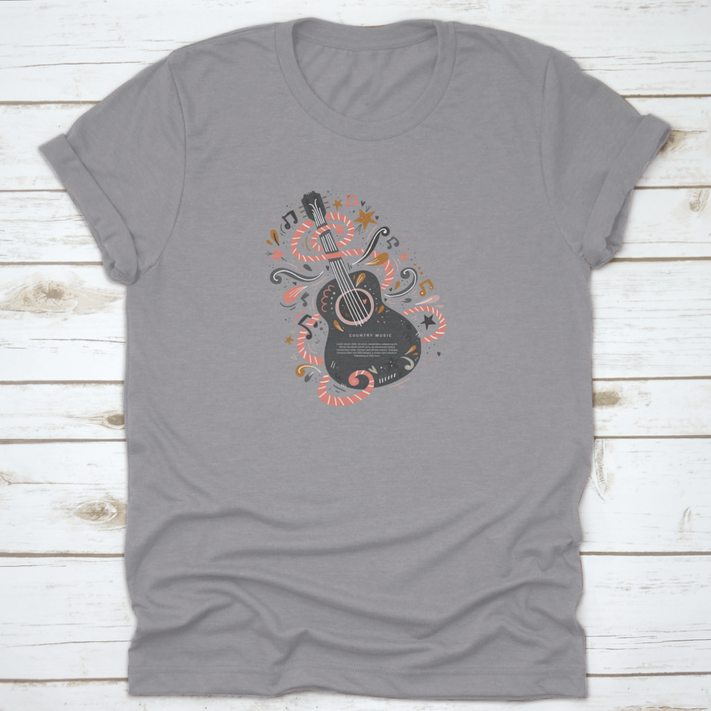 A stylish t-shirt featuring a guitar symbol, representing country music, made from 100% cotton for comfort.