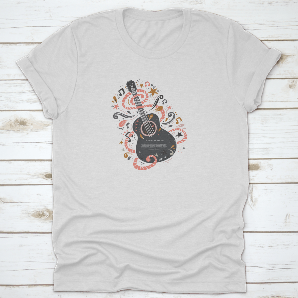 A stylish t-shirt featuring a guitar symbol, representing country music, made from 100% cotton for comfort.