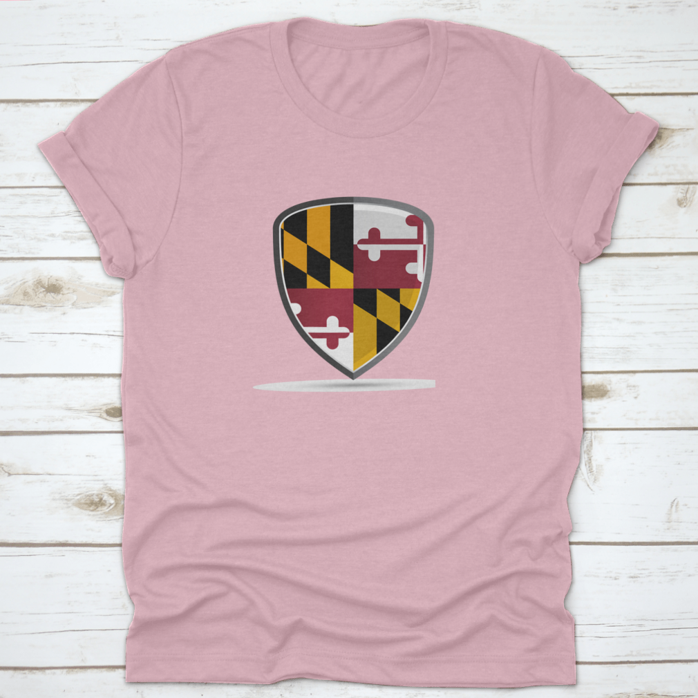 A high-quality t-shirt featuring the vibrant Maryland state flag design, showcasing its colors and details.