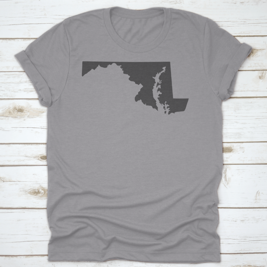 A stylish monochrome silhouette of the state of Maryland on a white background, showcasing its unique shape.