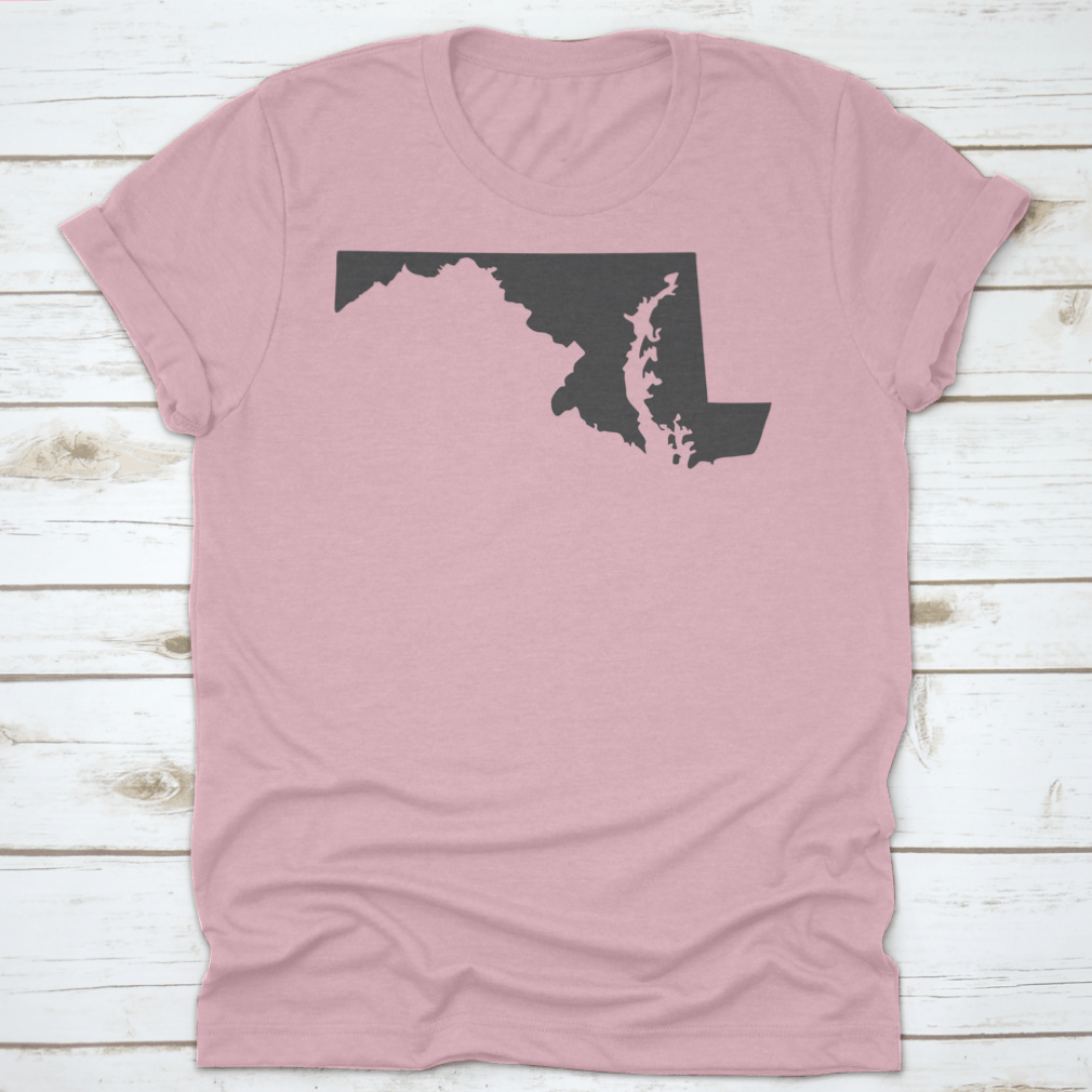 A stylish monochrome silhouette of the state of Maryland on a white background, showcasing its unique shape.