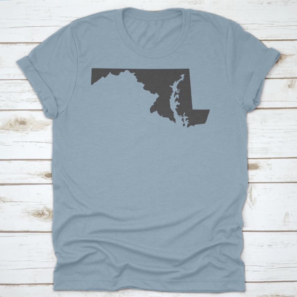 A stylish monochrome silhouette of the state of Maryland on a white background, showcasing its unique shape.