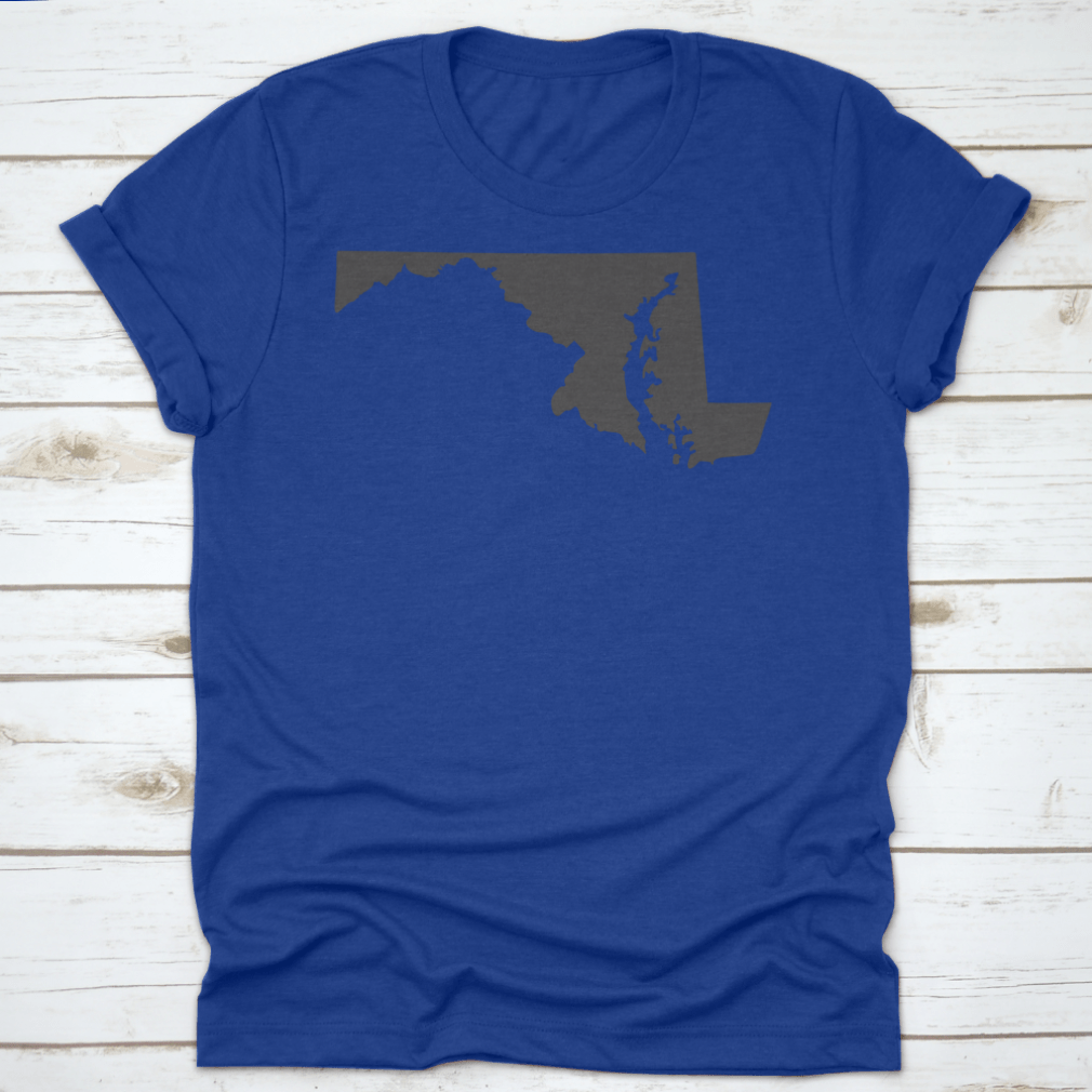 A stylish monochrome silhouette of the state of Maryland on a white background, showcasing its unique shape.