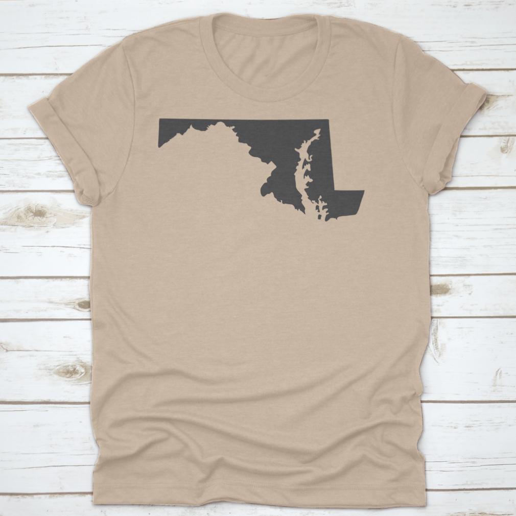 A stylish monochrome silhouette of the state of Maryland on a white background, showcasing its unique shape.