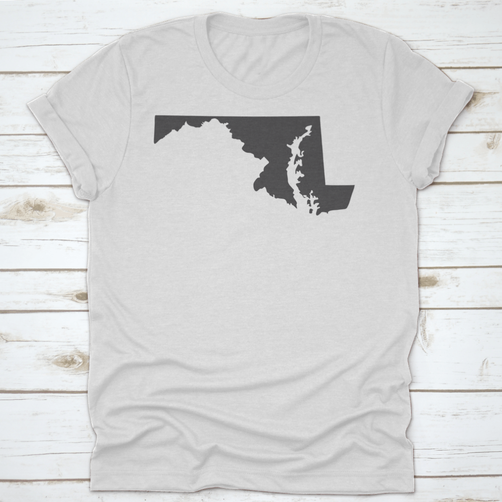 A stylish monochrome silhouette of the state of Maryland on a white background, showcasing its unique shape.