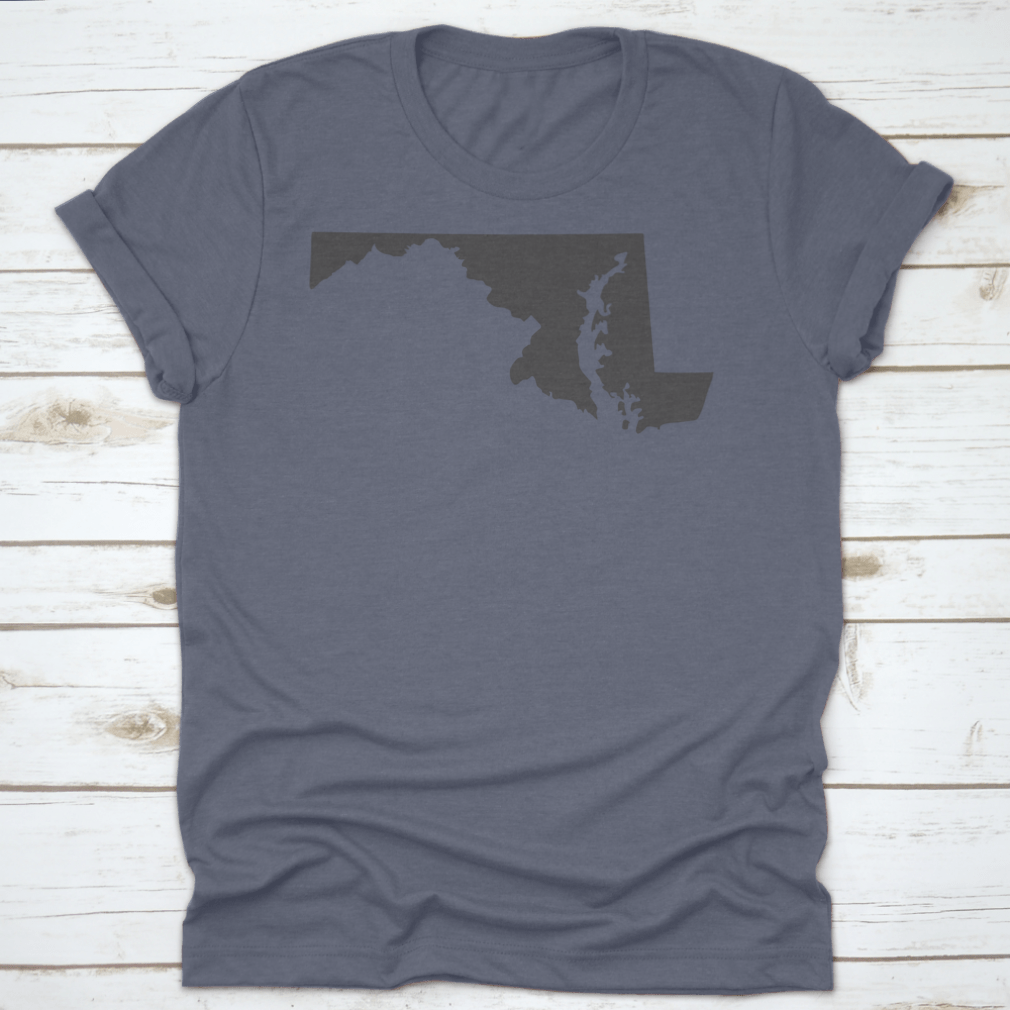 A stylish monochrome silhouette of the state of Maryland on a white background, showcasing its unique shape.