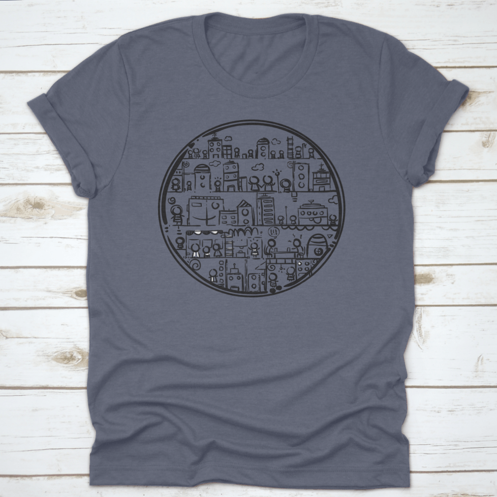 A stylish black and white hand-drawn circle city design on a comfortable cotton t-shirt.