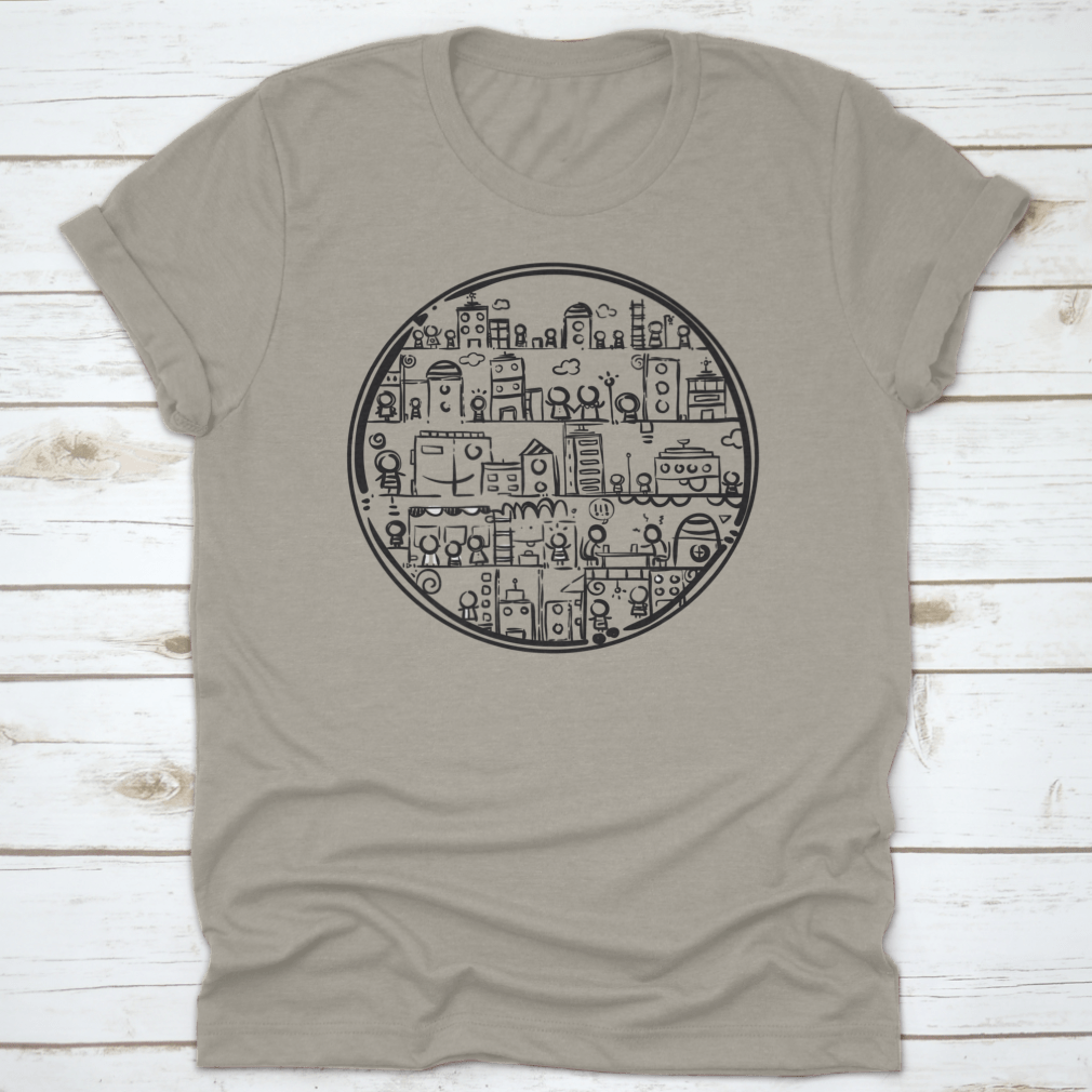 A stylish black and white hand-drawn circle city design on a comfortable cotton t-shirt.