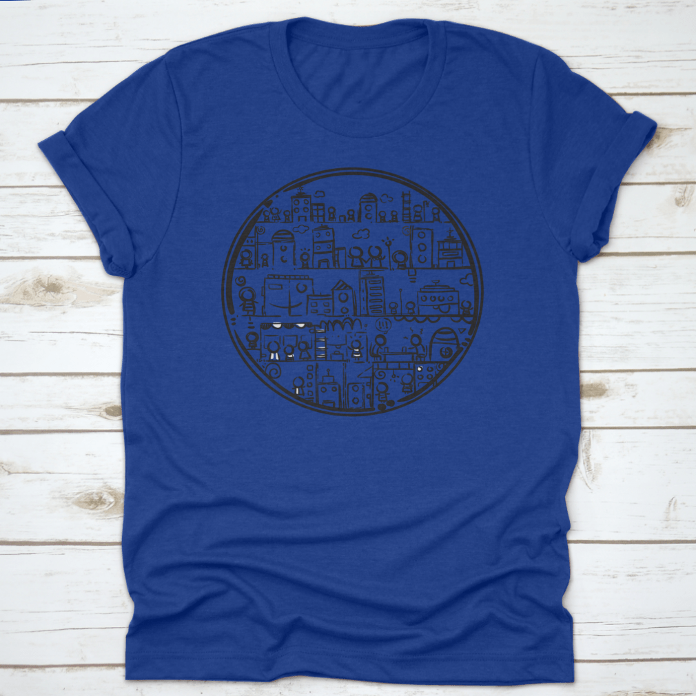 A stylish black and white hand-drawn circle city design on a comfortable cotton t-shirt.