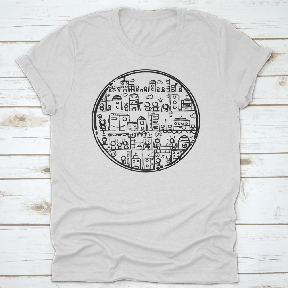 A stylish black and white hand-drawn circle city design on a comfortable cotton t-shirt.