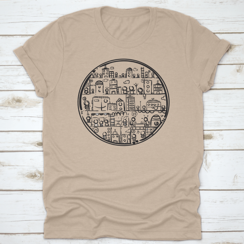 A stylish black and white hand-drawn circle city design on a comfortable cotton t-shirt.