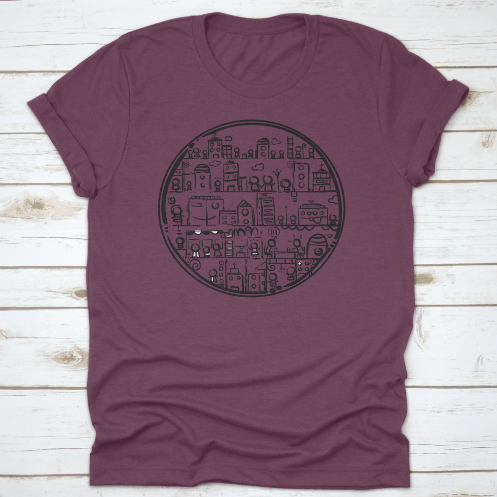 A stylish black and white hand-drawn circle city design on a comfortable cotton t-shirt.