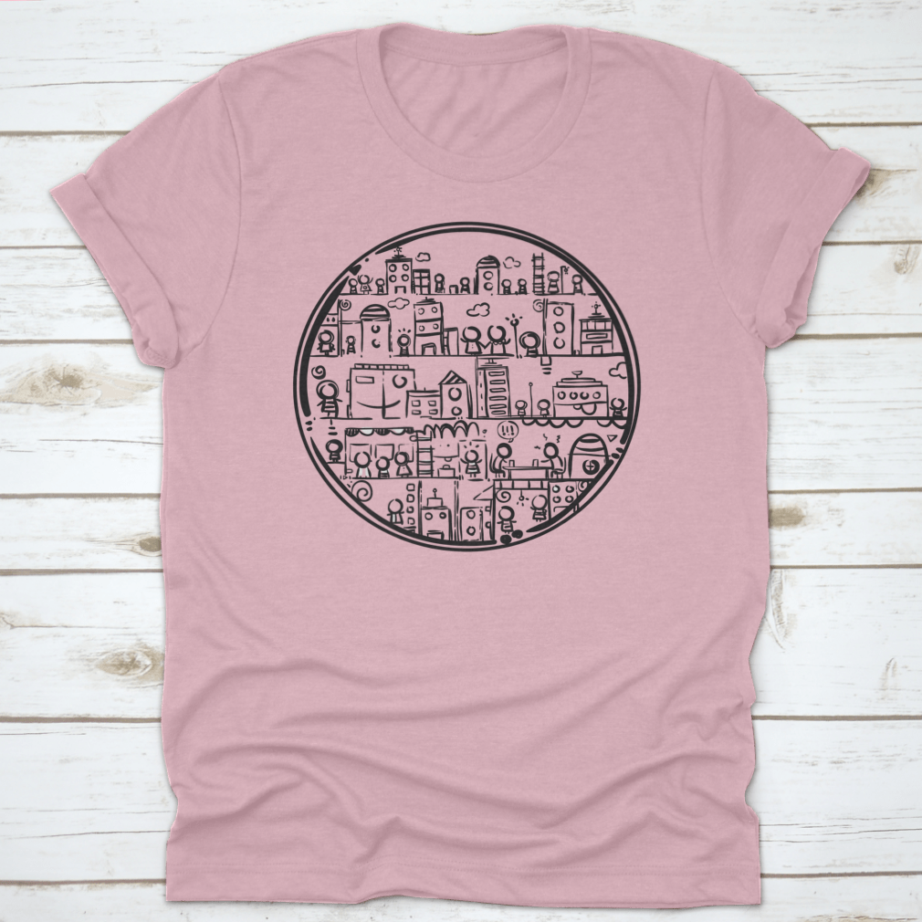 A stylish black and white hand-drawn circle city design on a comfortable cotton t-shirt.
