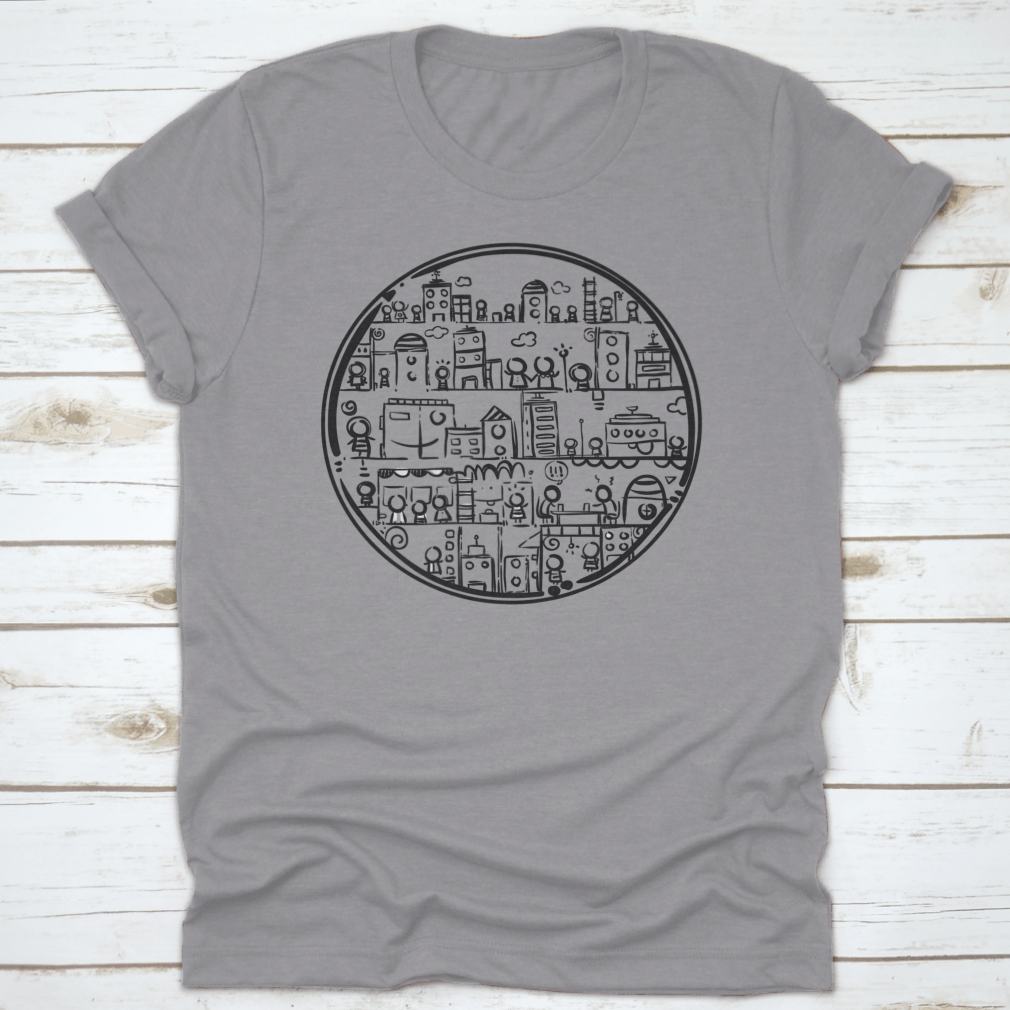 A stylish black and white hand-drawn circle city design on a comfortable cotton t-shirt.