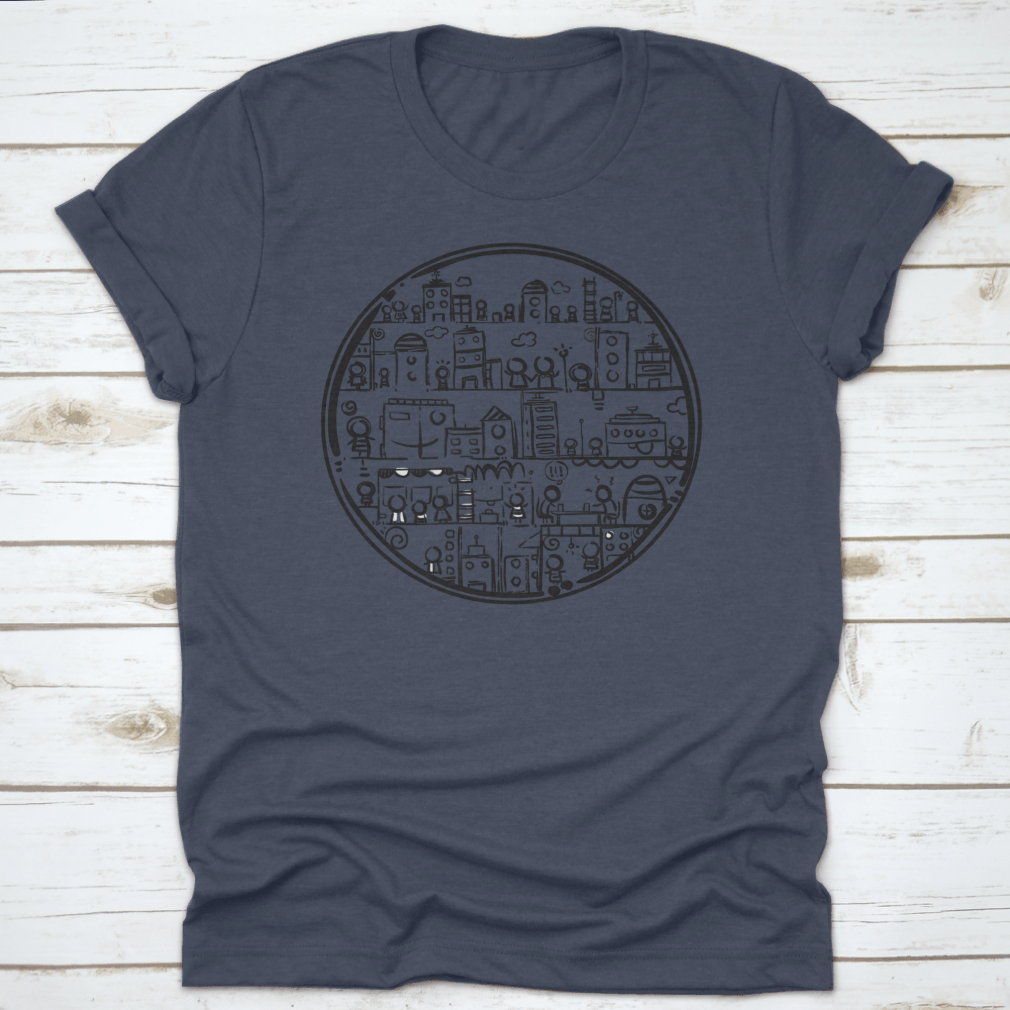 A stylish black and white hand-drawn circle city design on a comfortable cotton t-shirt.