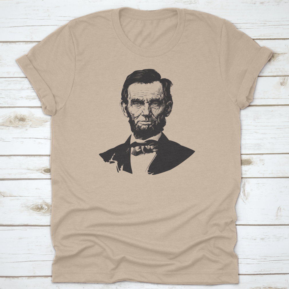 A hand-drawn illustration of Abraham Lincoln on a comfortable cotton T-shirt, showcasing a travel destination theme.