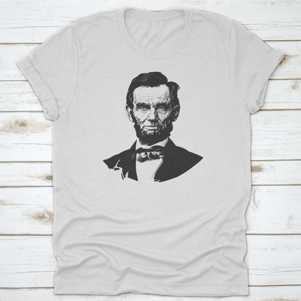 A hand-drawn illustration of Abraham Lincoln on a comfortable cotton T-shirt, showcasing a travel destination theme.