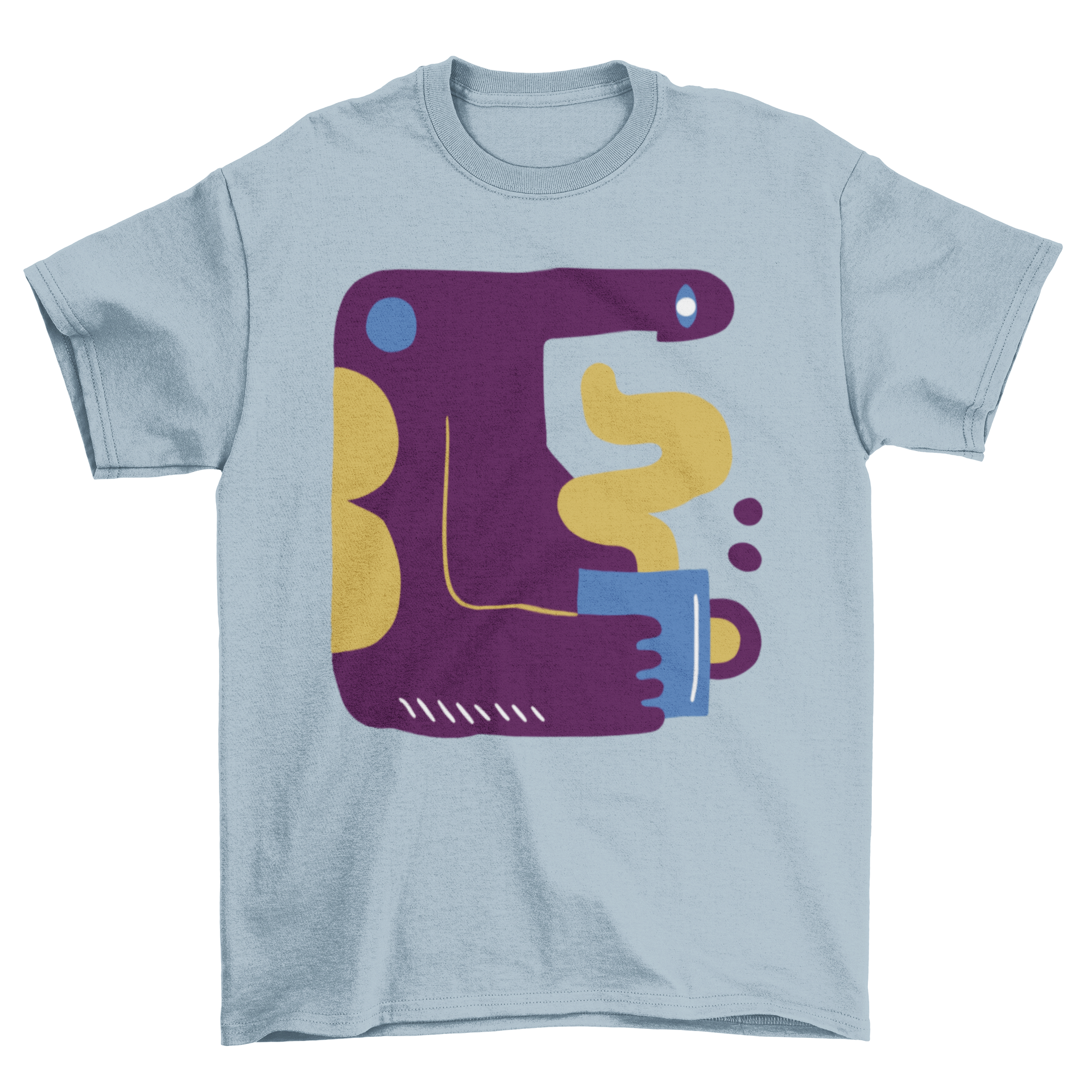 Abstract coffee man t-shirt featuring a purple illustration of a man holding a coffee cup.