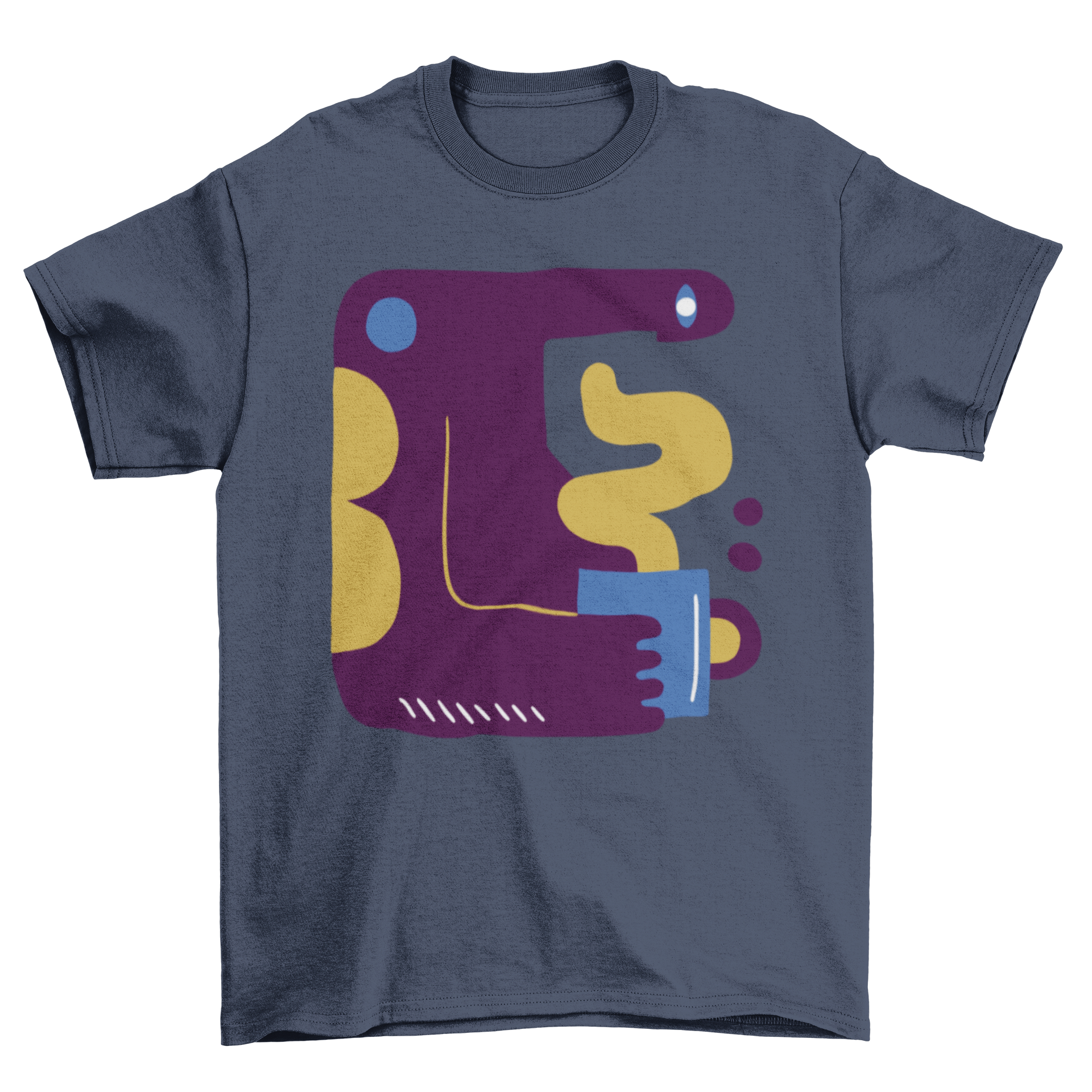 Abstract coffee man t-shirt featuring a purple illustration of a man holding a coffee cup.