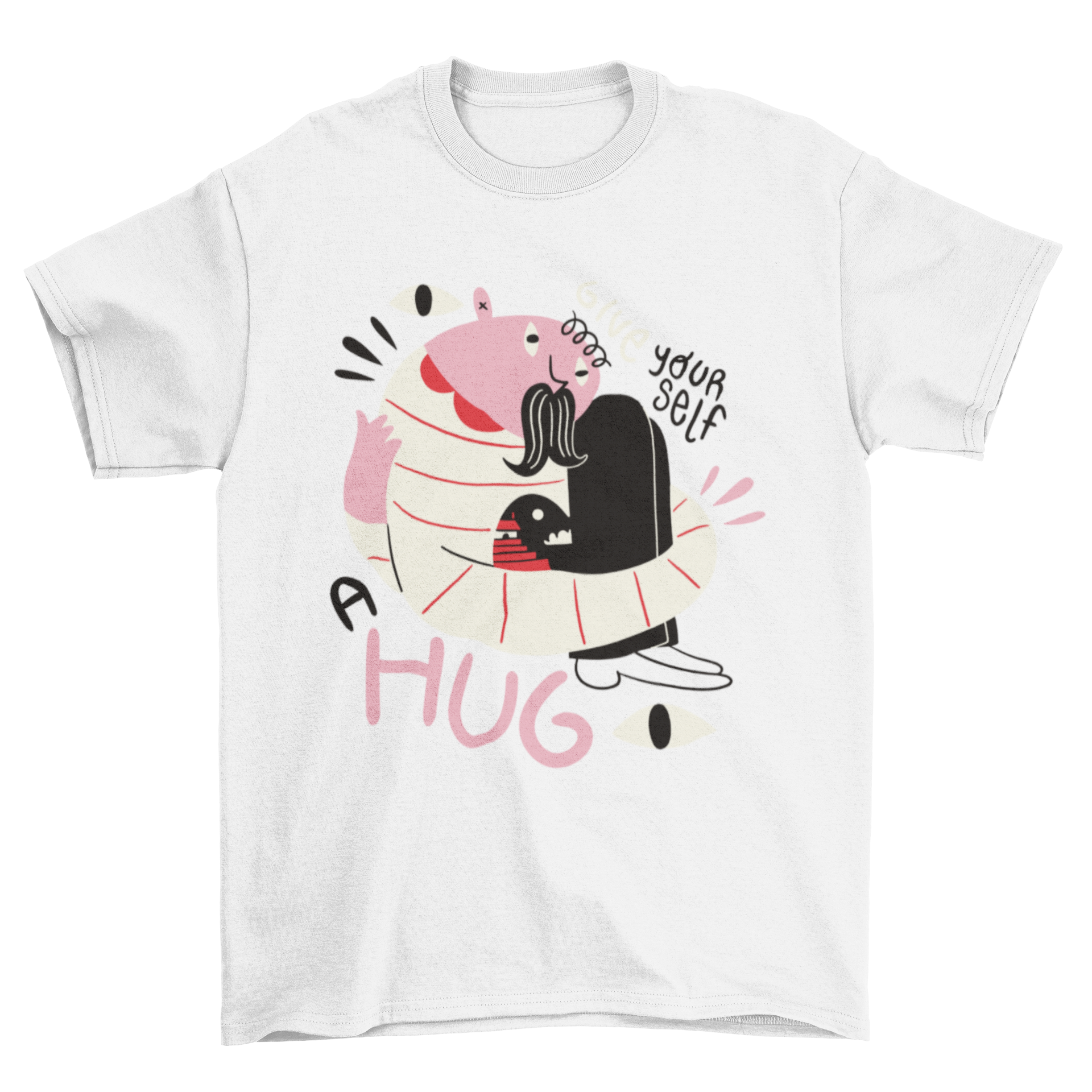 Abstract creature hugging itself on a motivational t-shirt with colorful design and uplifting quote.
