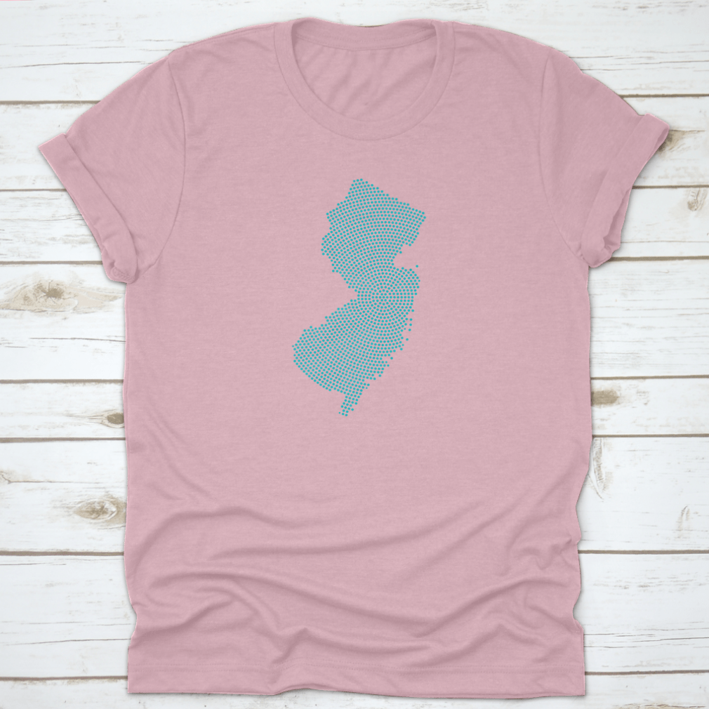 Abstract graphic illustration of New Jersey map with blue round dots, showcasing a modern artistic design.