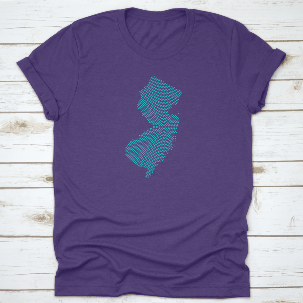Abstract graphic illustration of New Jersey map with blue round dots, showcasing a modern artistic design.