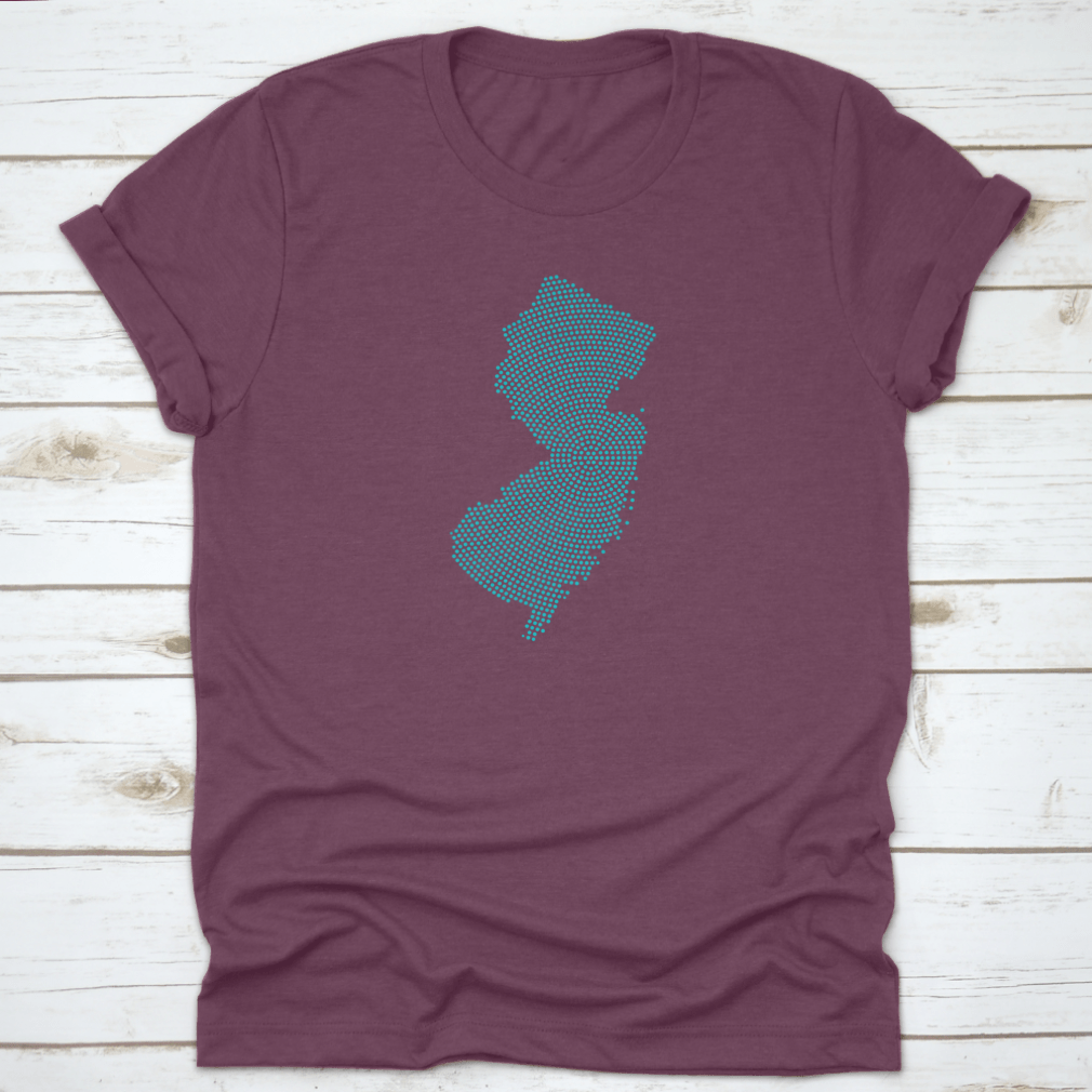 Abstract graphic illustration of New Jersey map with blue round dots, showcasing a modern artistic design.