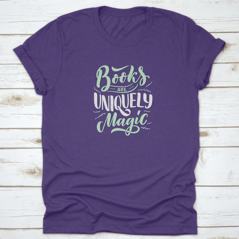 A stylish shirt featuring abstract lettering about books and reading, made from 100% cotton, showcasing a classic fit and comfortable design.