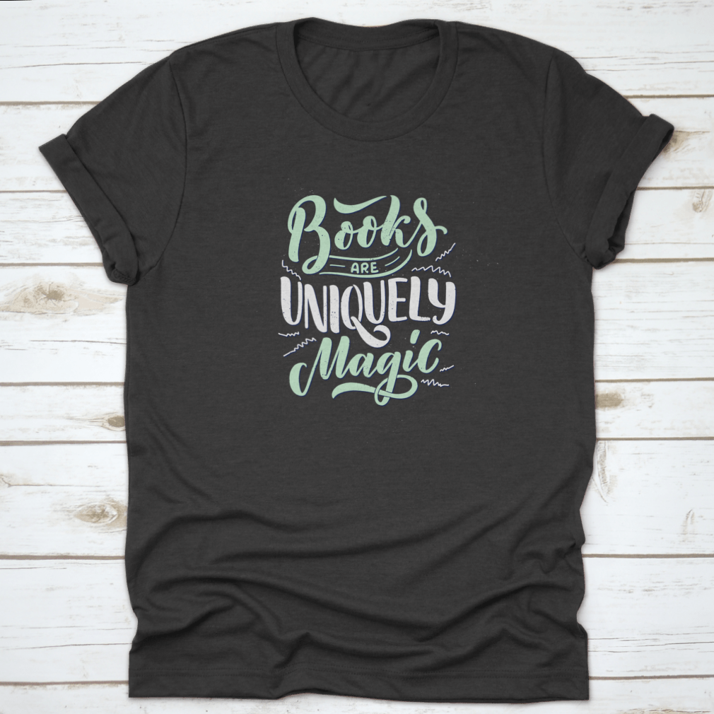 A stylish shirt featuring abstract lettering about books and reading, made from 100% cotton, showcasing a classic fit and comfortable design.