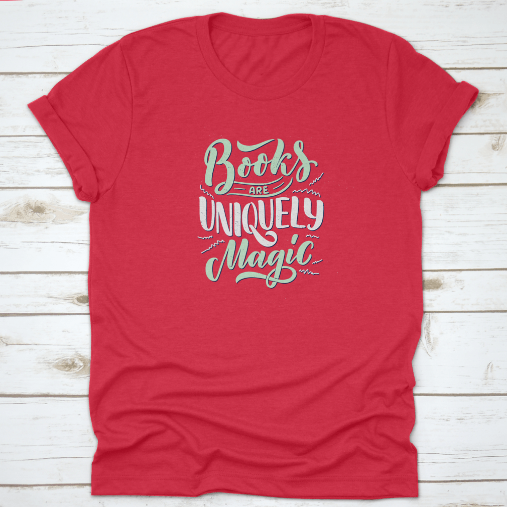A stylish shirt featuring abstract lettering about books and reading, made from 100% cotton, showcasing a classic fit and comfortable design.