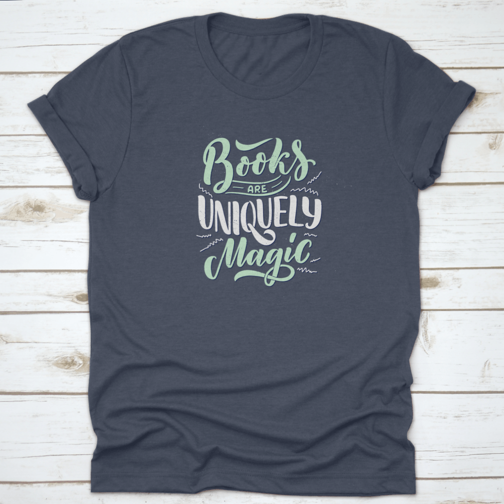 A stylish shirt featuring abstract lettering about books and reading, made from 100% cotton, showcasing a classic fit and comfortable design.