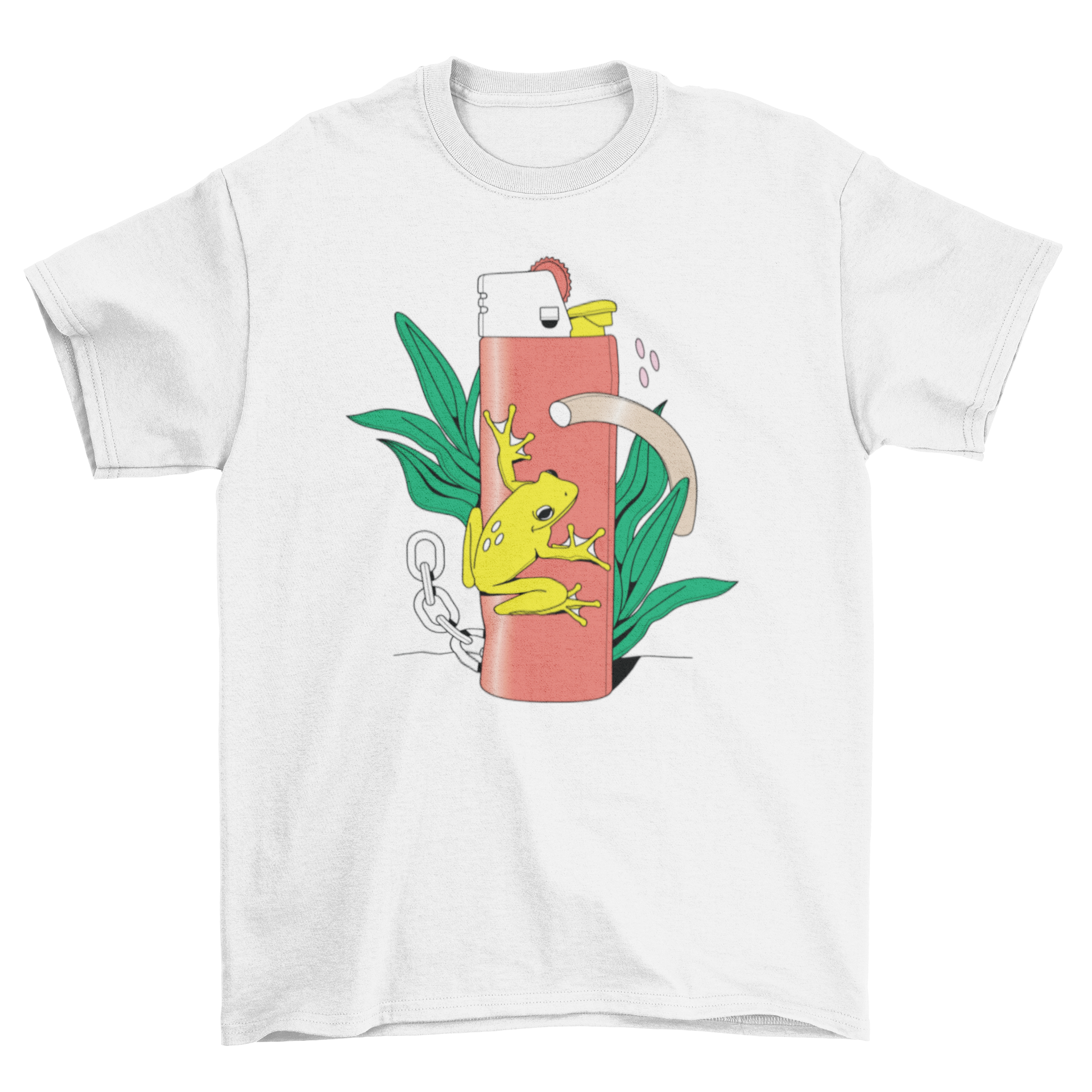 Abstract lighter t-shirt featuring a surreal frog design standing on a lighter.