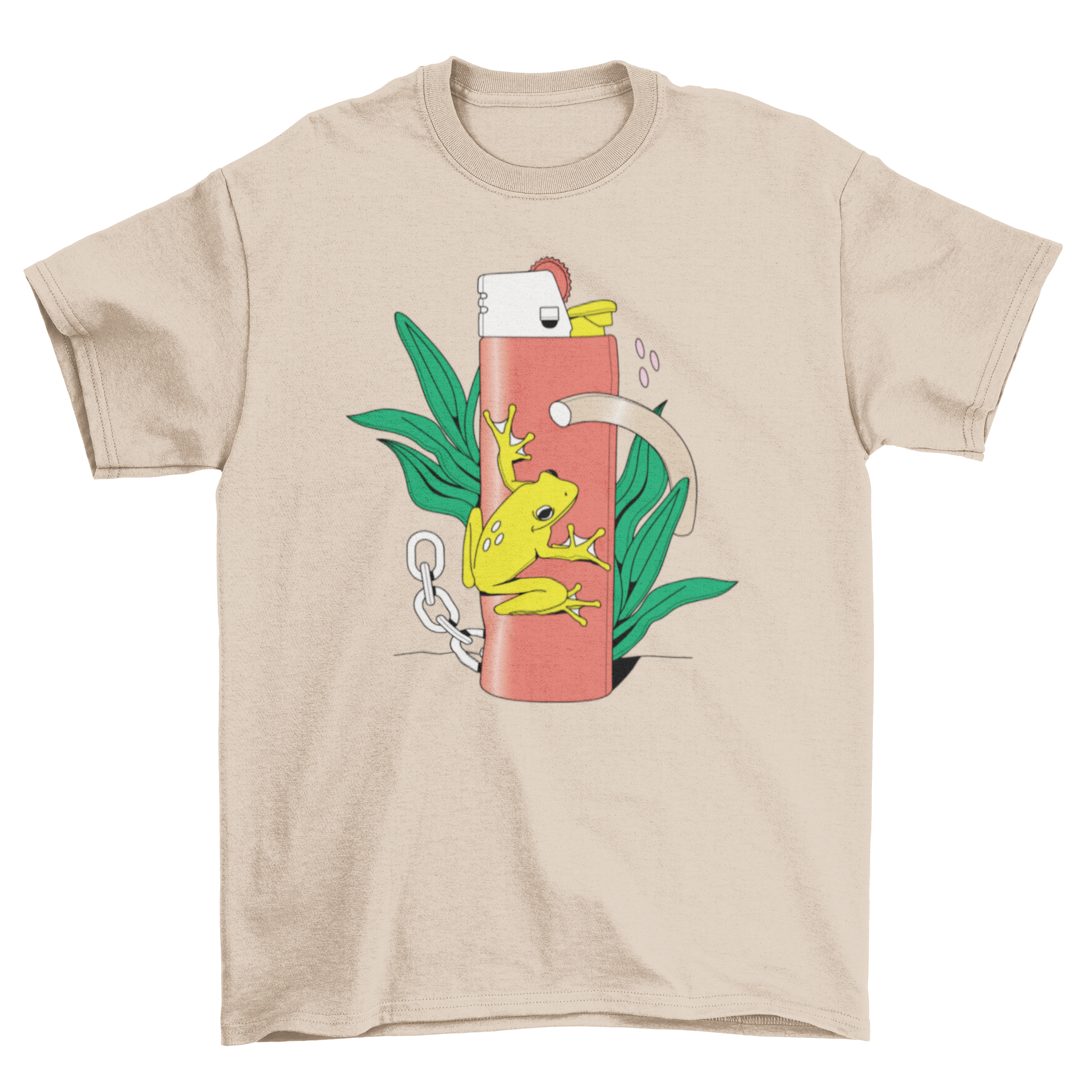 Abstract lighter t-shirt featuring a surreal frog design standing on a lighter.