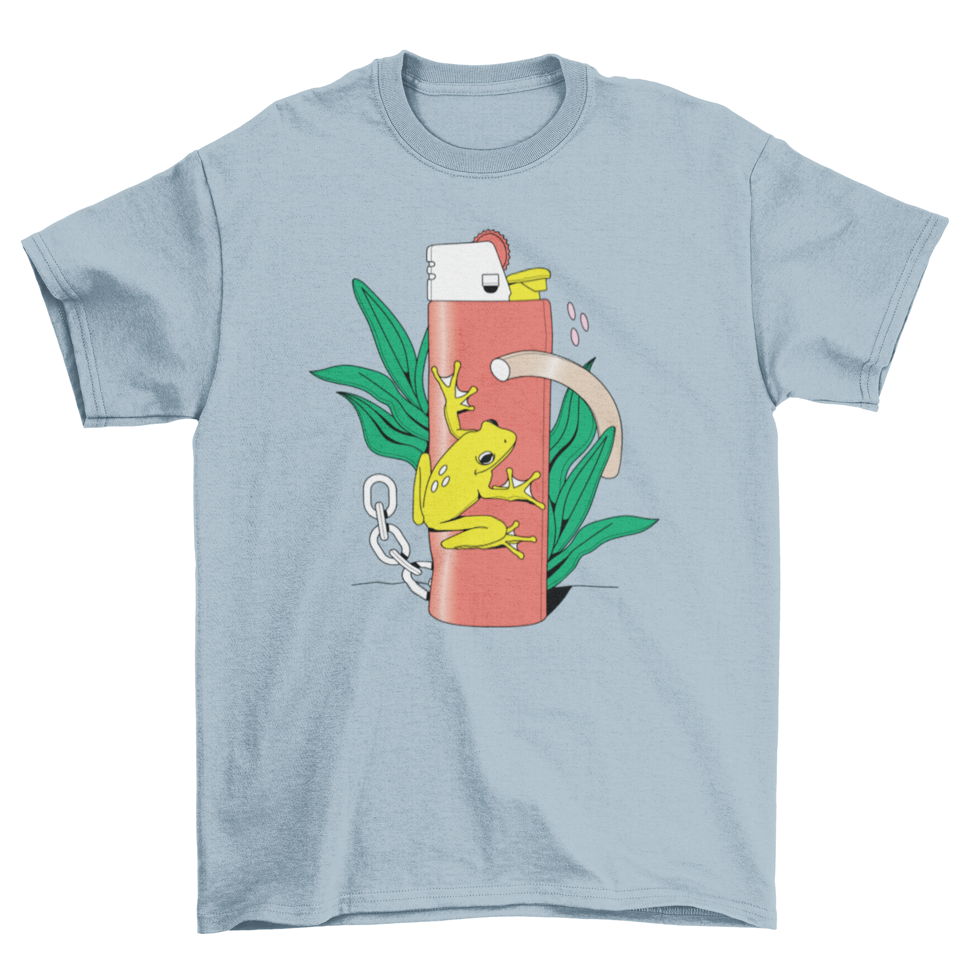 Abstract lighter t-shirt featuring a surreal frog design standing on a lighter.
