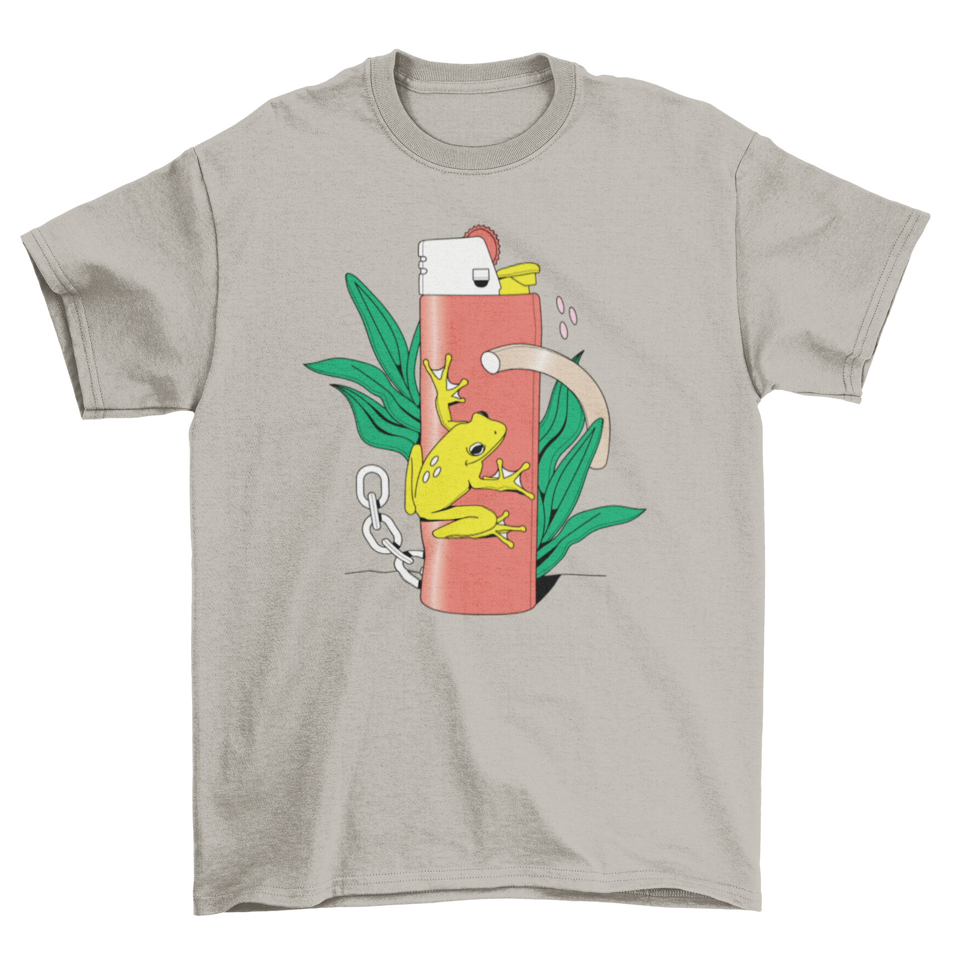 Abstract lighter t-shirt featuring a surreal frog design standing on a lighter.