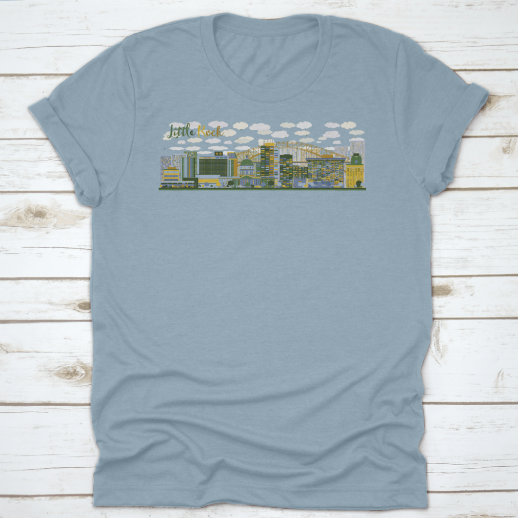 Abstract Little Rock skyline illustration featuring blue and green buildings, showcasing modern urban art.