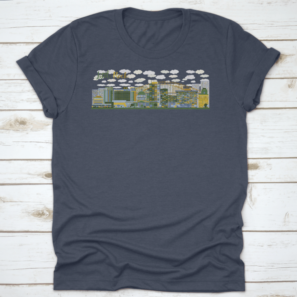 Abstract Little Rock skyline illustration featuring blue and green buildings, showcasing modern urban art.