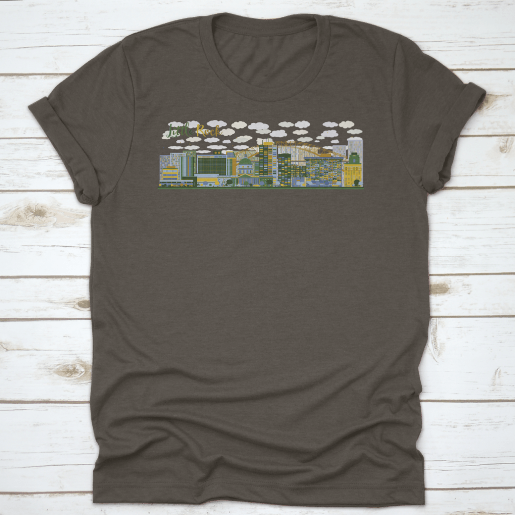 Abstract Little Rock skyline illustration featuring blue and green buildings, showcasing modern urban art.