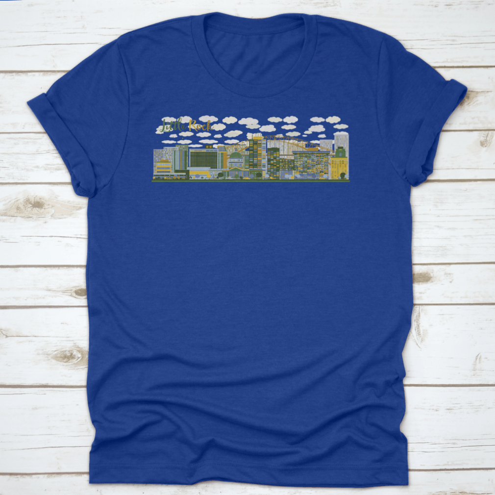 Abstract Little Rock skyline illustration featuring blue and green buildings, showcasing modern urban art.