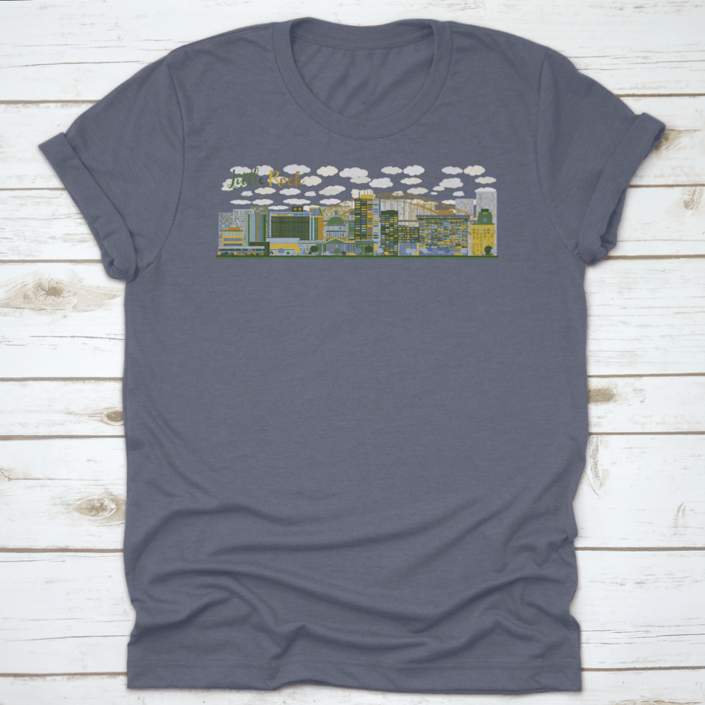 Abstract Little Rock skyline illustration featuring blue and green buildings, showcasing modern urban art.