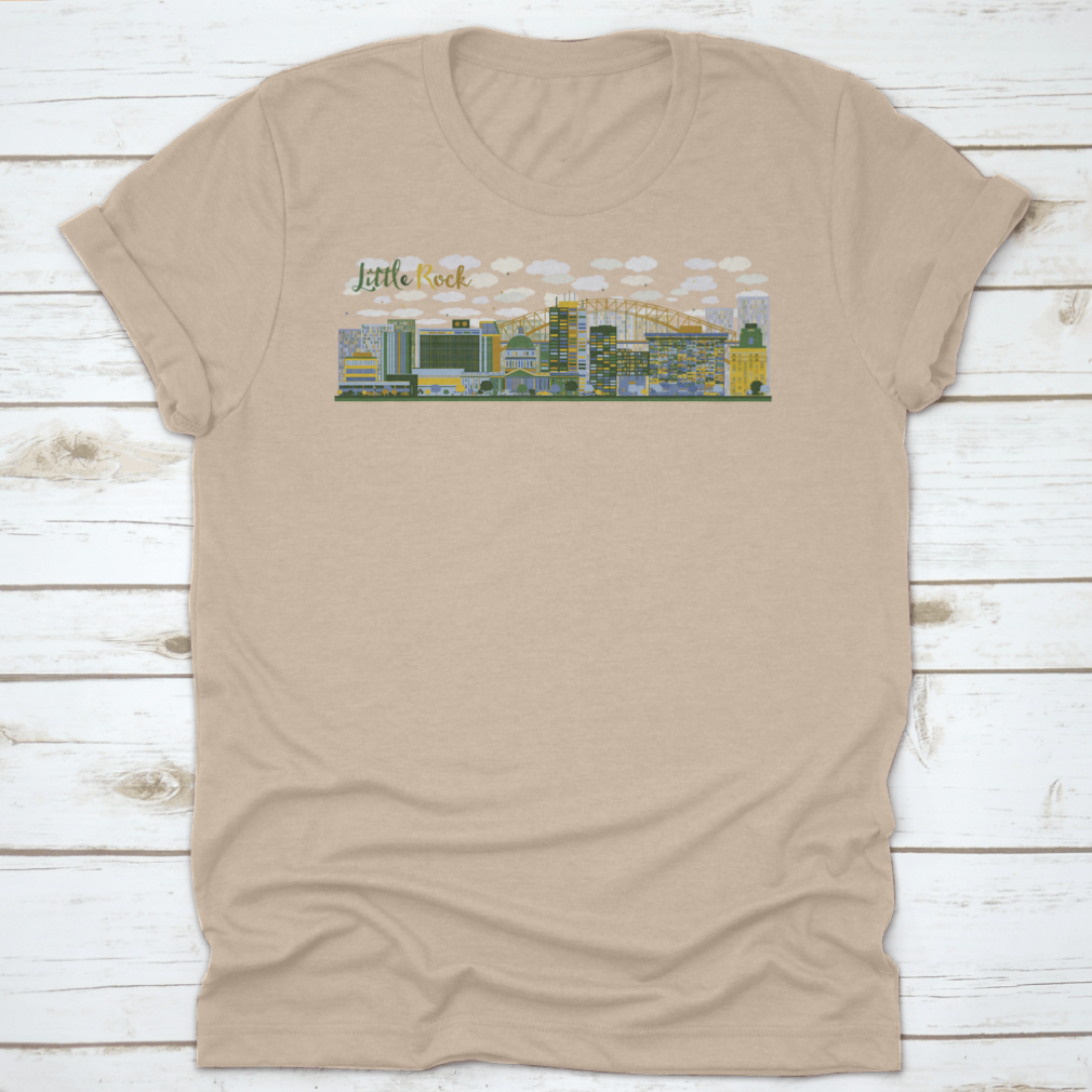 Abstract Little Rock skyline illustration featuring blue and green buildings, showcasing modern urban art.
