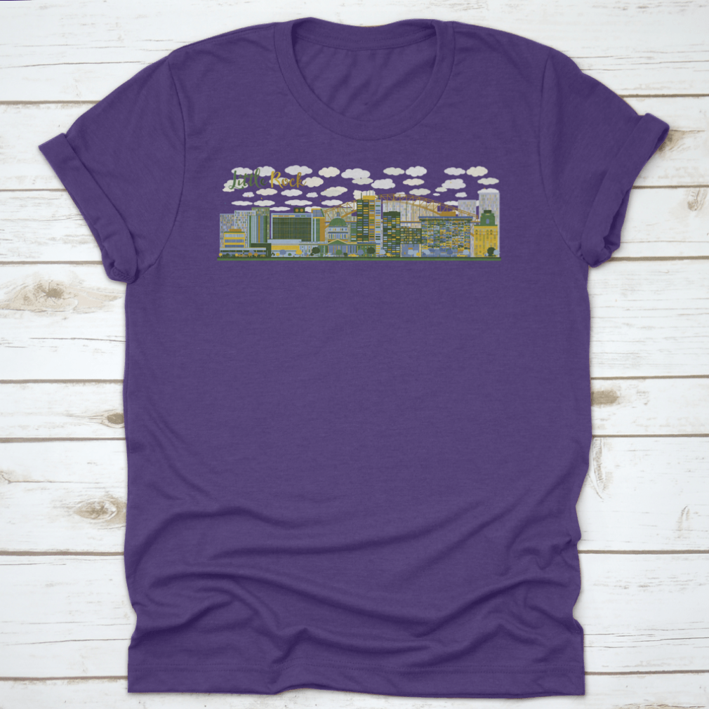 Abstract Little Rock skyline illustration featuring blue and green buildings, showcasing modern urban art.