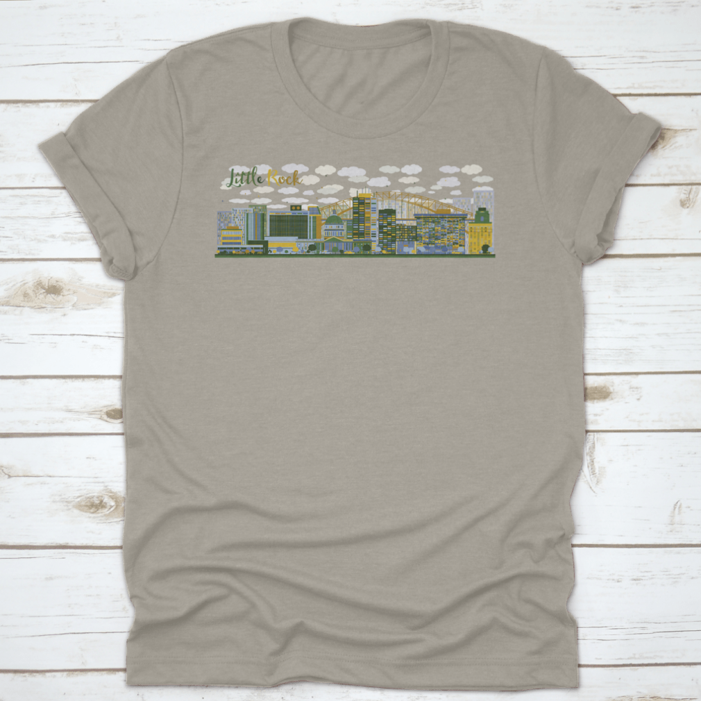 Abstract Little Rock skyline illustration featuring blue and green buildings, showcasing modern urban art.