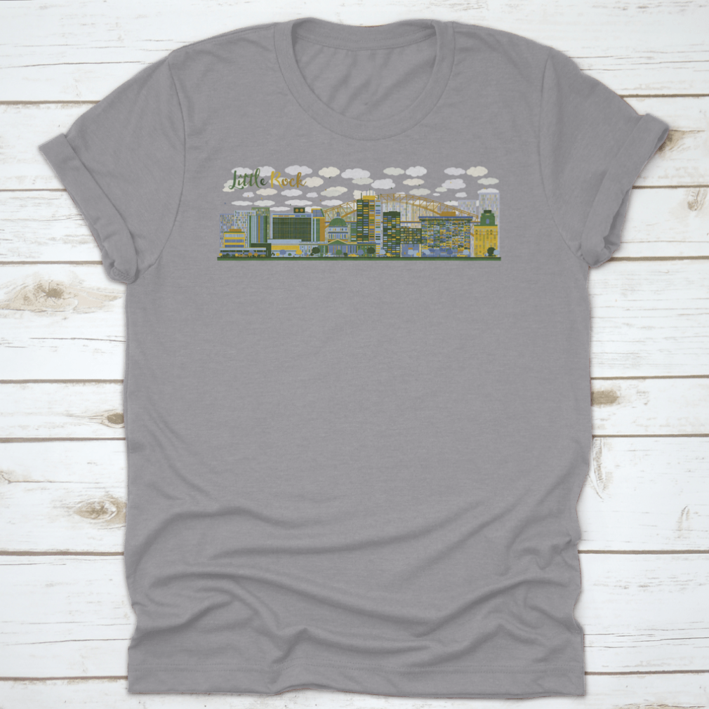 Abstract Little Rock skyline illustration featuring blue and green buildings, showcasing modern urban art.