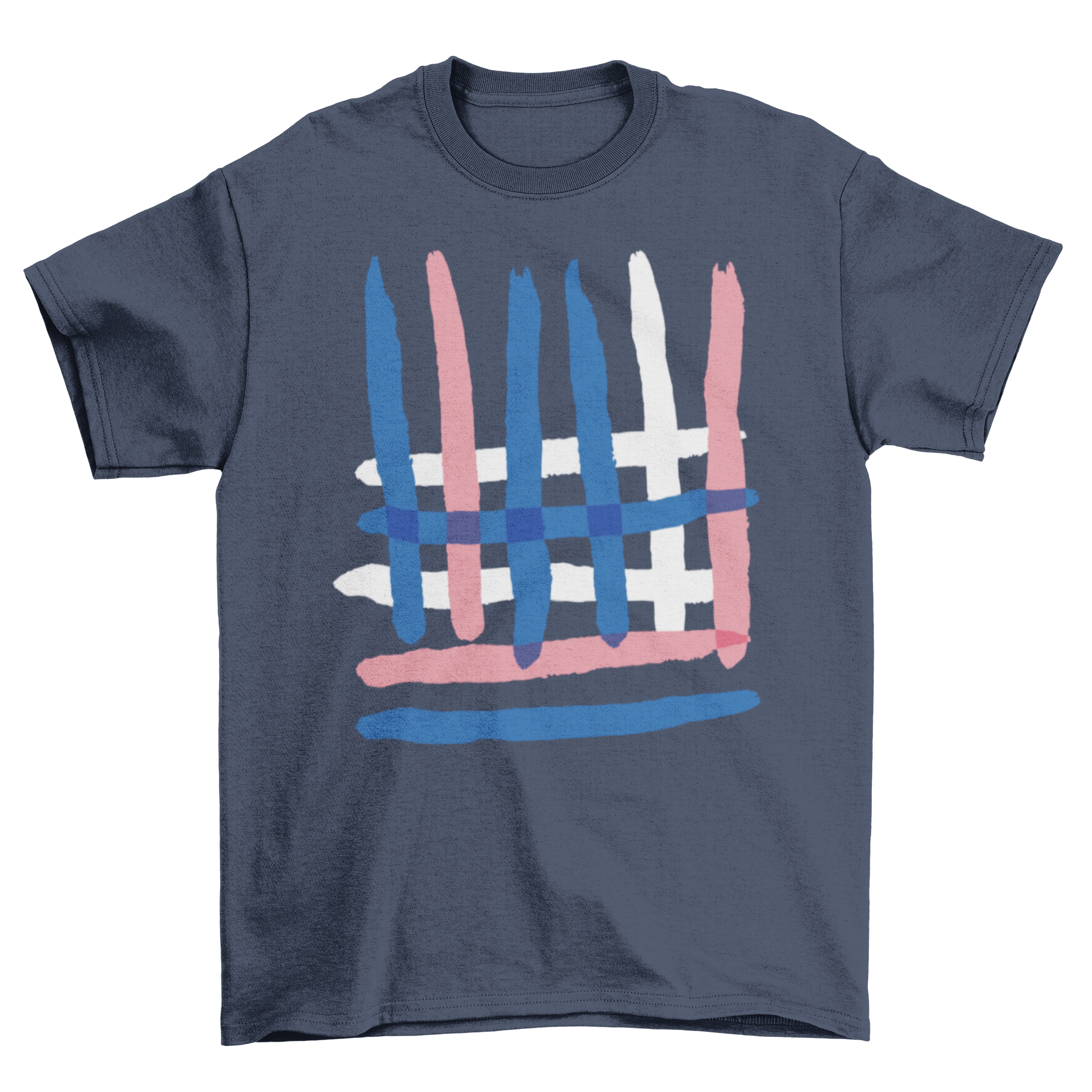 Abstract overlapped lines t-shirt featuring vibrant blue, pink, and white brush strokes on a soft fabric.