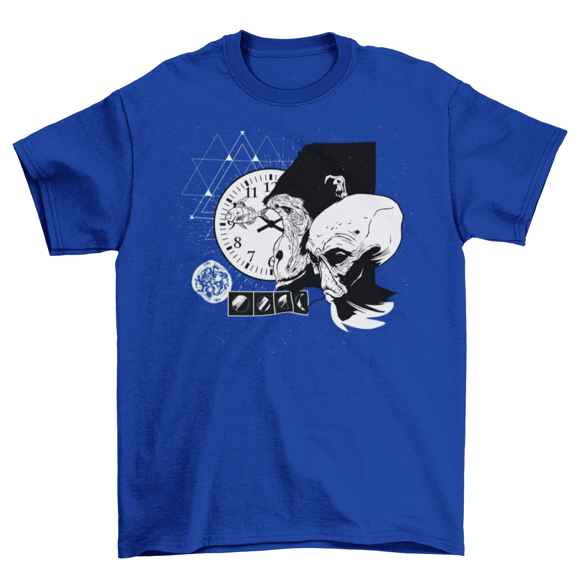 Abstract Space Monkey T-Shirt featuring a colorful design with a monkey, alien moons, a clock, a fish, and geometric shapes.